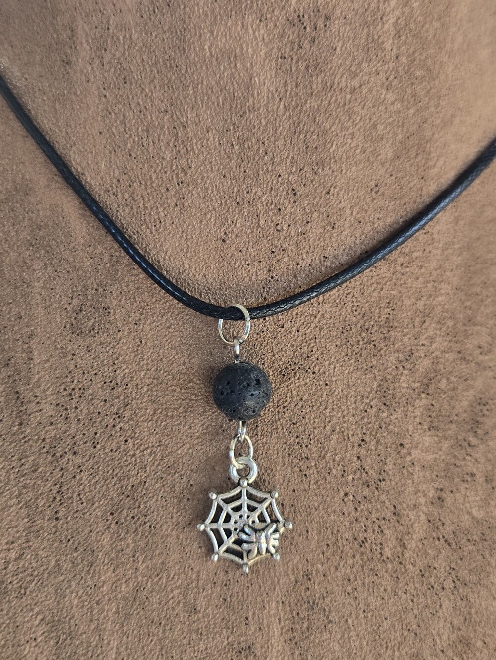 Silver Tone Spider Web & Lava Bead Aromatherapy Necklace Black Cord 17"